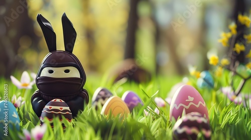 A ninja Easter bunny stealthily hiding behind a giant chocolate egg, preparing for an egg hunt ambush