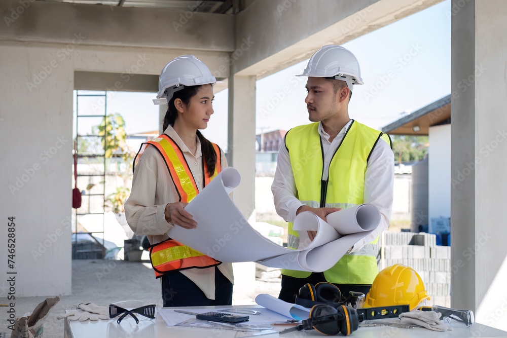 Civil engineer teams meeting working together wear worker helmets hardhat on construction site in modern city. Foreman industry project manager engineer teamwork. Asian industry professional team Civil engineer teams meeting working together wear worker helmets hardhat on construction site in modern city. Foreman industry project manager engineer teamwork. Asian industry professional team