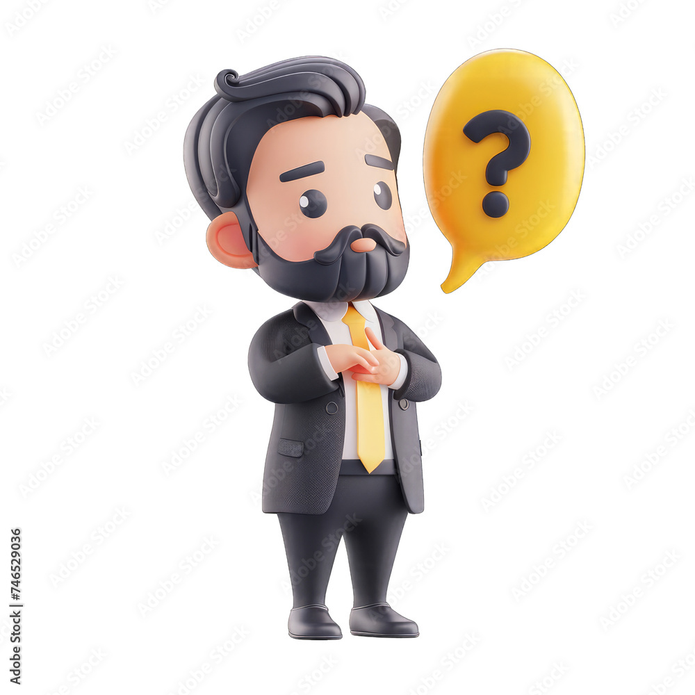 3D character a businessman thinking with question mark in speech bubble with Transparent Background