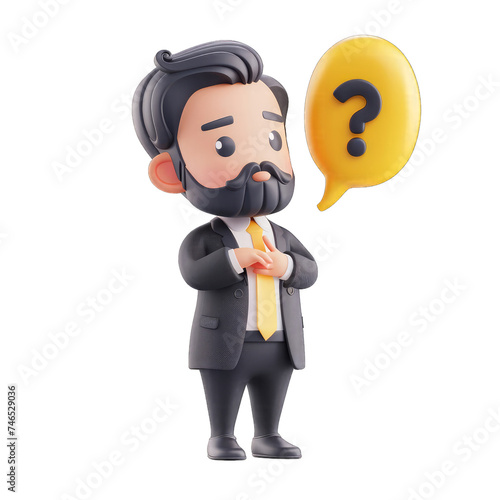 3D character a businessman thinking with question mark in speech bubble with Transparent Background