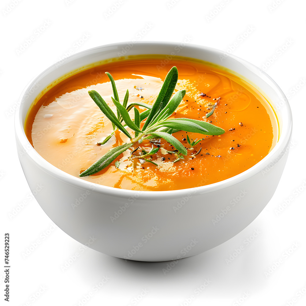 Traditional pumpkin soup in bowl on white background Traditional pumpkin soup in bowl on white background