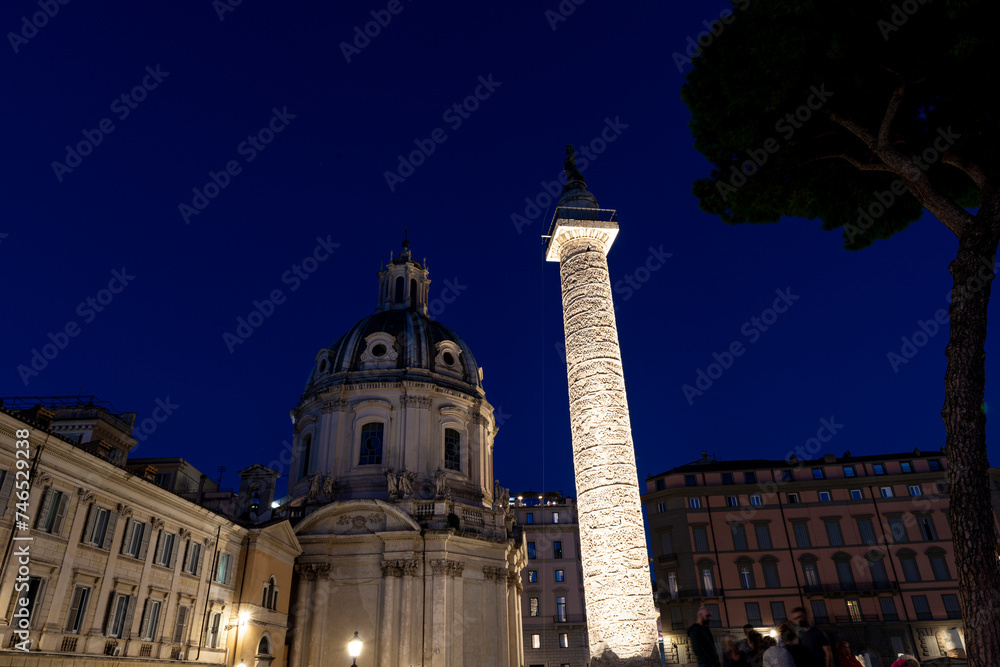 Column of Trajan photographs during the blue hour, Rome