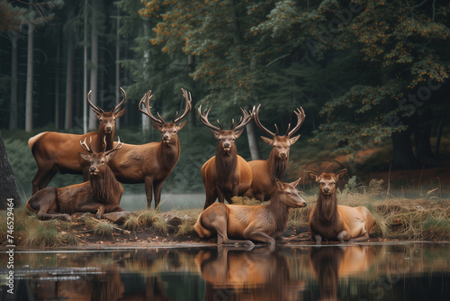 A group of six majestic stags with impressive antlers in a forest near a calm body of water photo