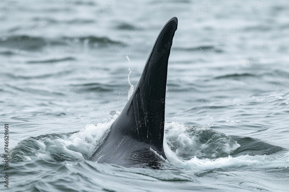 Fototapeta premium Close-up of a dolphin's dorsal fin emerging from water