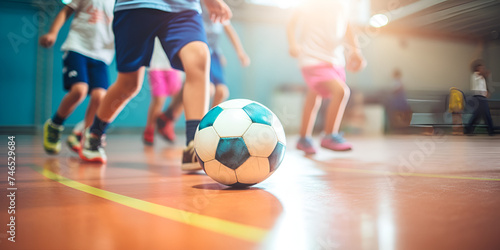 Football futsal training for children. Soccer training drill. Indoor soccer young player with a soccer ball in a sports hall. Player in yellow uniform. Sport background