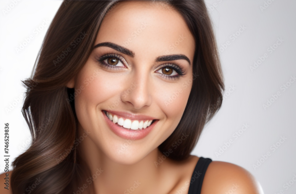 Fototapeta premium Woman with dark hair smiling, looking into camera in white t-shite on white background.