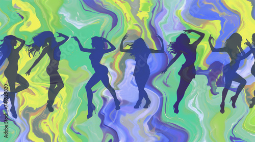 Colorful transparent background with women pattern dancing in disco club, sexy dynamic female silhouette cuts in high heels performing sensual dance on psychedelic swirling shapes with long hair