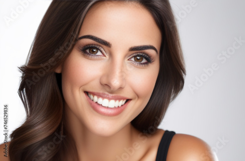 Woman with dark hair smiling, looking into camera in white t-shite on white background.