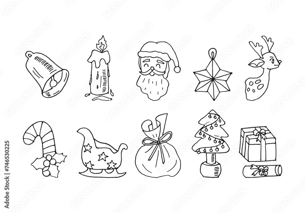 Chrismas doodle illustration icons. Hand drawn christmas cartoon elements.