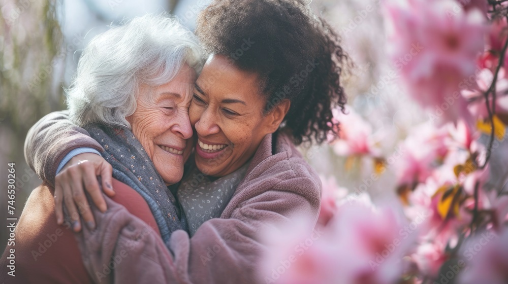 Fototapeta premium Two Women Sharing a Heartfelt Hug. Fictional Character Created By Generated By Generated AI.