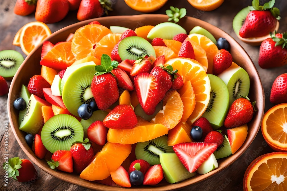 Fresh and delicious fruit salad with strawberries, oranges, apples, and kiwi served in a bowl, promoting health Fresh and delicious fruit salad with strawberries, oranges, apples, and kiwi served in a bowl, promoting health