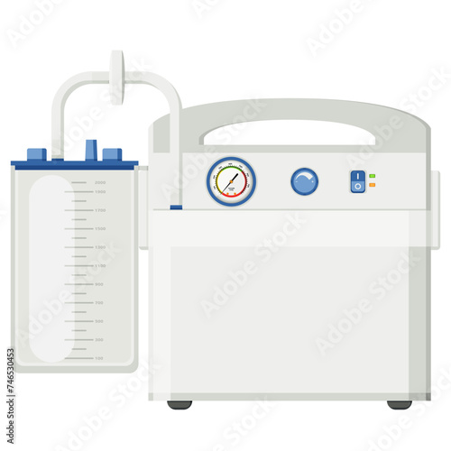 Medical equipment, emergency aspirator portable suction device used to remove fluids or obstructions from person airway in an emergency situation. Flat design