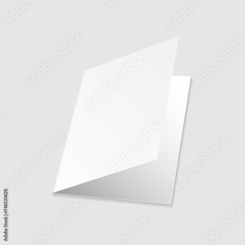White card mockup. Blank white greeting card. Slightly open card, folded leaflet, brochure or menu mockup template. Isolated on light gray background. For your design or business. Vector illustration.