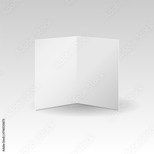 White card mockup. Blank white vertical open greeting card. Inside of card, folded leaflet, brochure or menu mockup template. Isolated on light gradient gray background. Vector illustration.