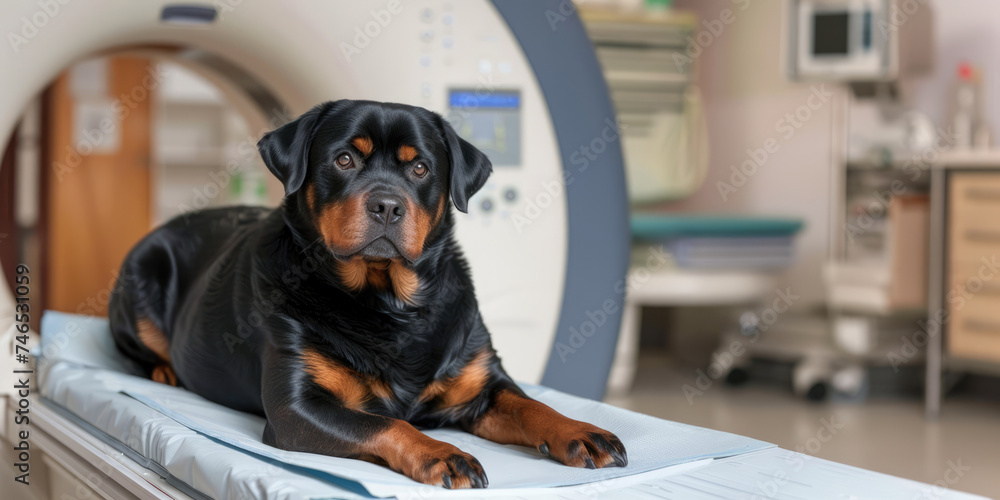 Generative AI, Dog on table at MRI, examination in veterinary surgery hospital, vet clinic, banner with copy space - obrazy, fototapety, plakaty 