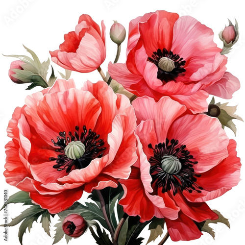 Beautiful composition of watercolor poppy flowers isolated