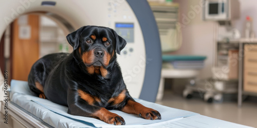 Generative AI, Dog on table at MRI, examination in veterinary surgery hospital, vet clinic, banner with copy space photo