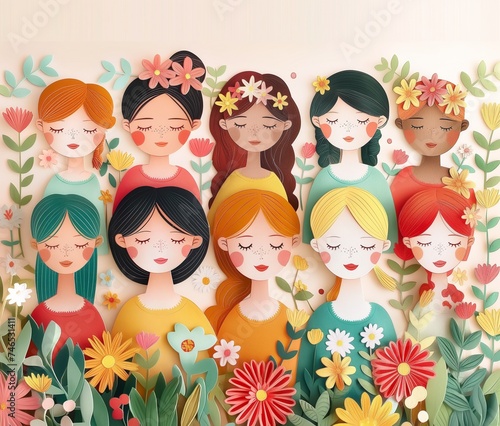 Colorful card design of a group of kids with flowers, the children are smiling, they look happy and peaceful, symbol of international friendship, peace and harmony, lovely spring or summer atmosphere