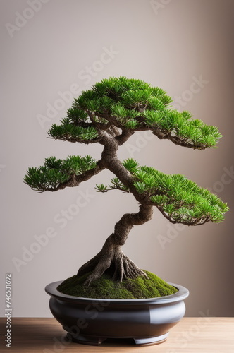 Bonsai Tree Display with Soft Background and Dramatic Silhouette