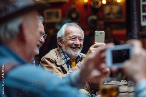 Old Men Enjoying Their Time at the Bar, Capturing Memorable Moments with Their Cell Phones. Fictional Character Created By Generated By Generated AI.