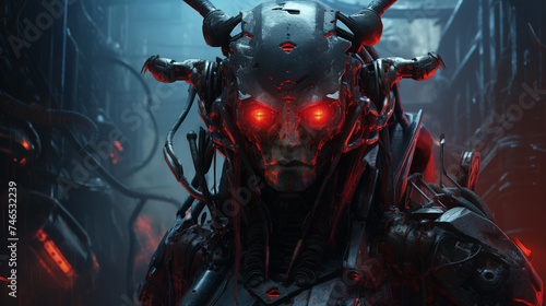 A menacing robot with glowing red eyes stands amidst a dark, dystopian sci-fi environment, exuding a sense of imminent threat.