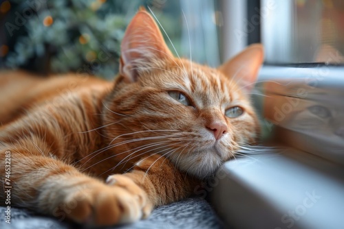A cozy orange tabby cat rests with eyes half-closed, exemplifying comfort and tranquility
