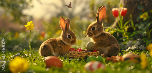 Easter bunnies having a picnic, with one bunny accidentally sitting on a chocolate egg