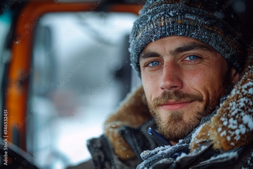 A man in winter clothing smiles warmly, snow clinging to his hat and beard, with a vehicle in the background