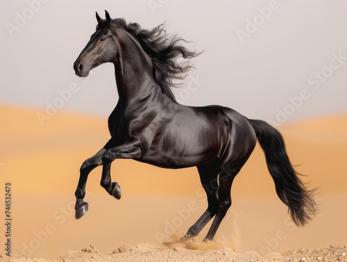 Black horse jumps on sand dune on the desert background