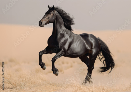 Black horse runs on the sand in the desert © Анна Терелюк