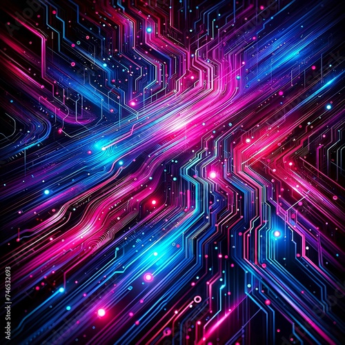 Abstract expression of digital connectivity, featuring circuit-like patterns and vibrant neon lights to symbolize the digital age 