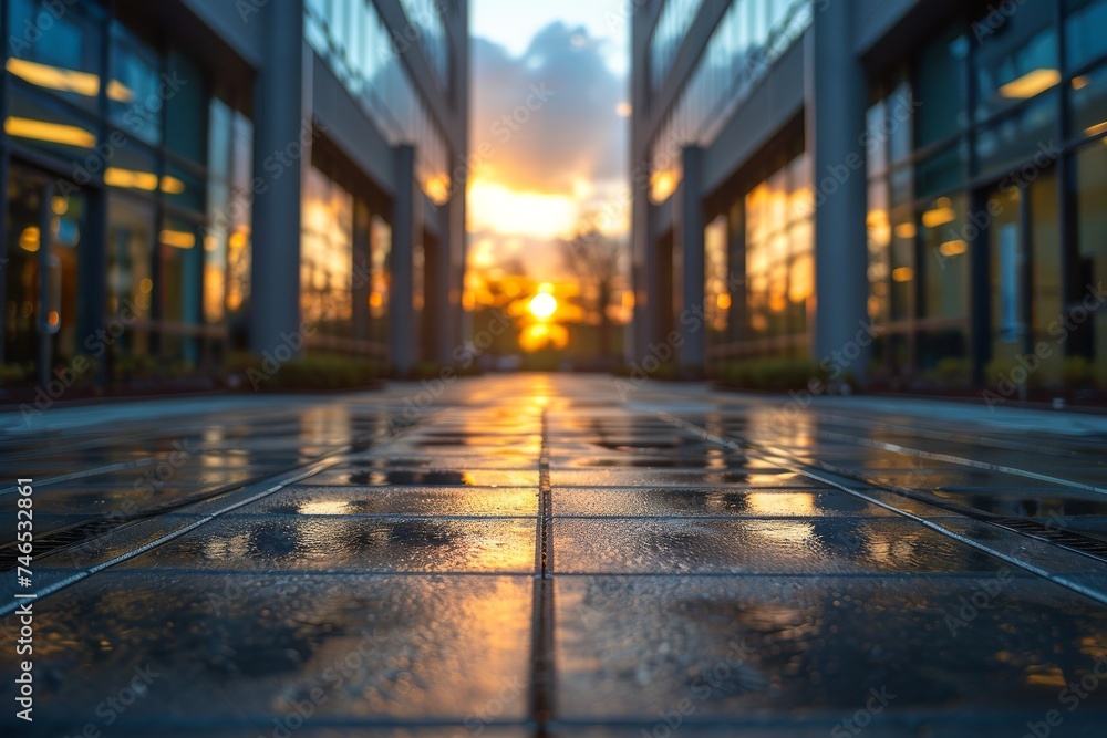 A stunning urban sunset captured in the glossy reflection of a wet pavement with buildings silhouetted - obrazy, fototapety, plakaty 