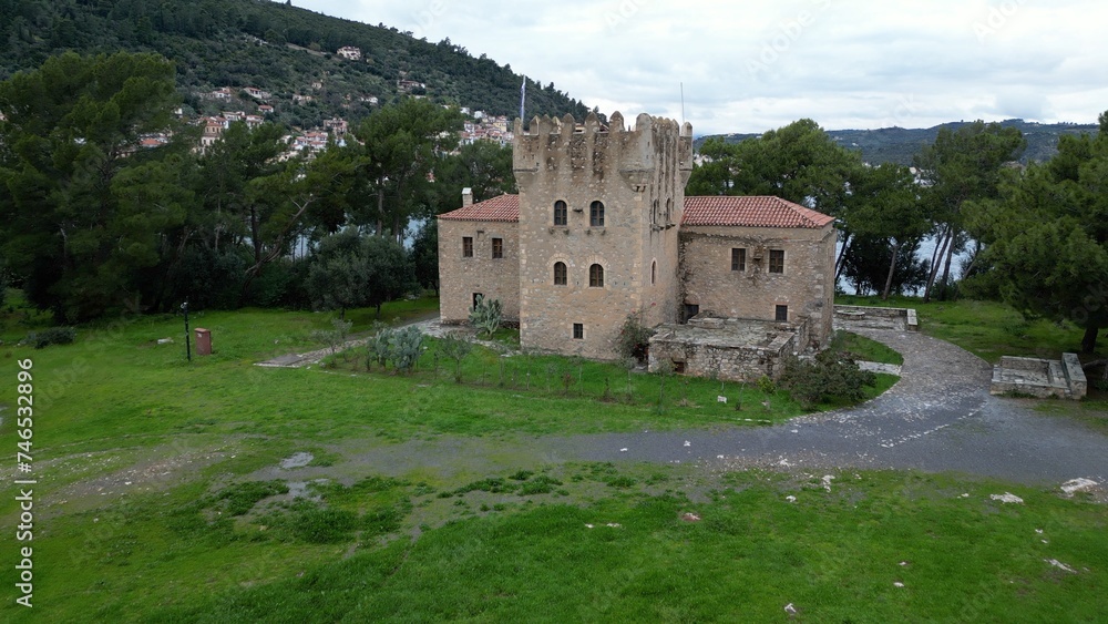 Drone aerial view of Githio island (Gythio town) in Laconia, Peloponne - picturesque small fishing village of Gytheio in South Peloponnese - lighthouse and Green nature Drone aerial view of Githio island (Gythio town) in Laconia, Peloponne - picturesque small fishing village of Gytheio in South Peloponnese - lighthouse and Green nature