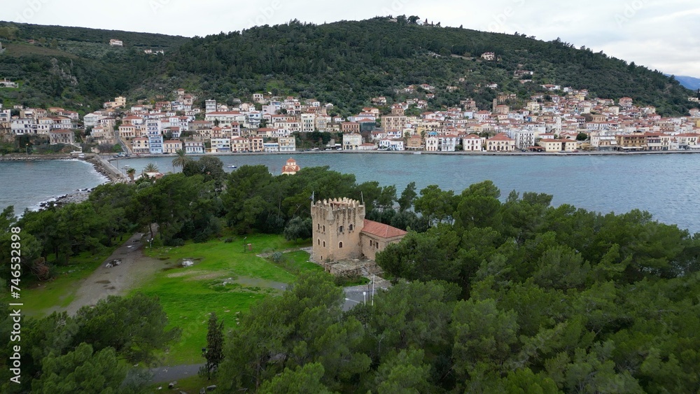 Drone aerial view of Githio island (Gythio town) in Laconia, Peloponne -  picturesque small fishing village of Gytheio in South Peloponnese -  lighthouse and Green nature 