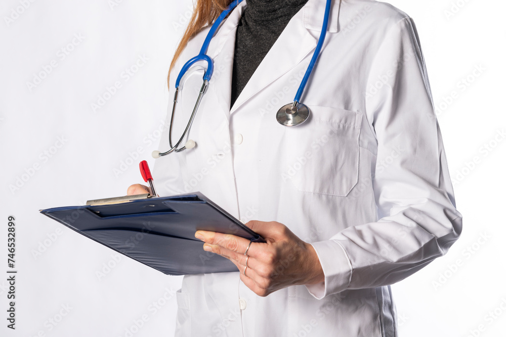 details of a young female doctor with lab coat and stethoscope