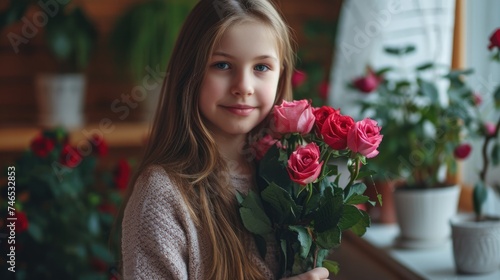 A little girl holds a lovely bouquet of red roses.. Fictional Character Created By Generated By Generated AI.