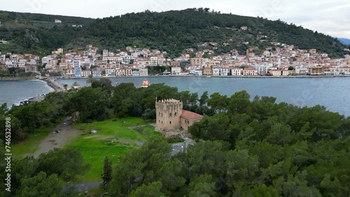Drone aerial view of Githio island (Gythio town) in Laconia, Peloponne - picturesque small fishing village of Gytheio in South Peloponnese - lighthouse and Green nature 
