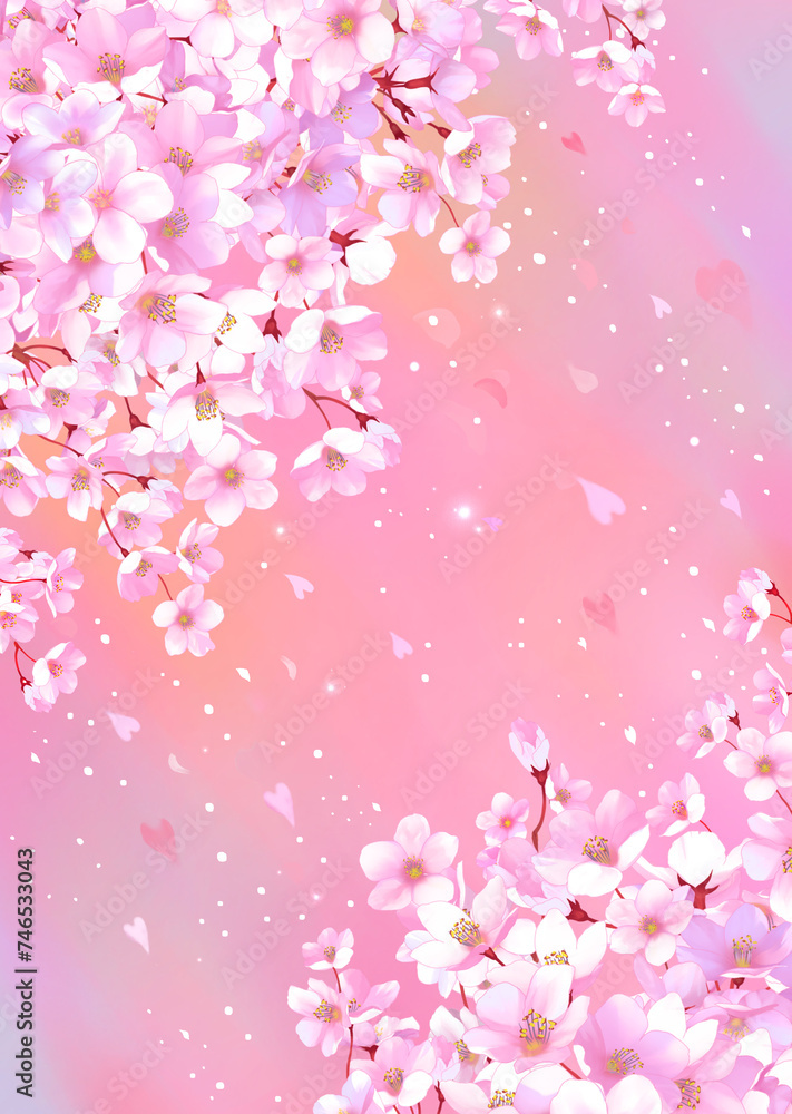 桜の背景素材　桜吹雪　景色　桜の木　お花見　入学　卒業　入園　卒園　入社　ひな祭り　キラキラ　縦長
