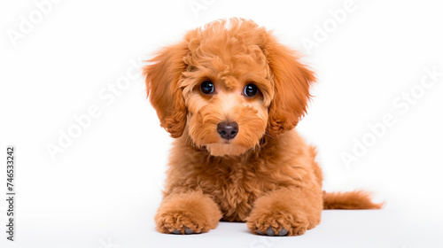 Maltipoo portrait isolated on white background. Domestic dog.