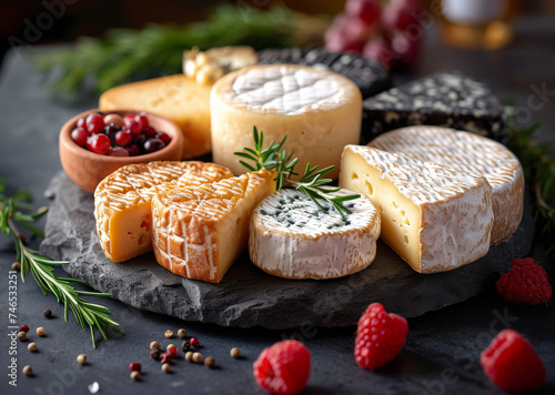 Various types of cheese on stone board with berries
