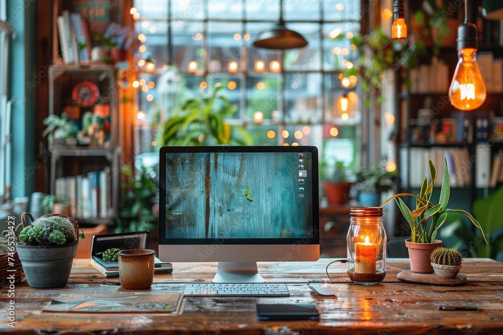 A well-decorated workspace with plants and warm lighting, offering an inspiring environment for creativity and work A well-decorated workspace with plants and warm lighting, offering an inspiring environment for creativity and work