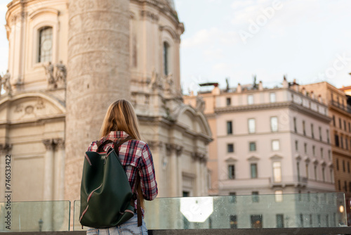 young tourist in front of the historic center of Rome, Italy