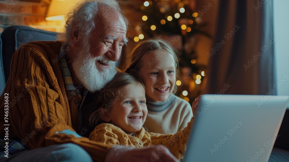 Old Man and Children Using a Laptop Together. Fictional Character Created By Generated By Generated AI.