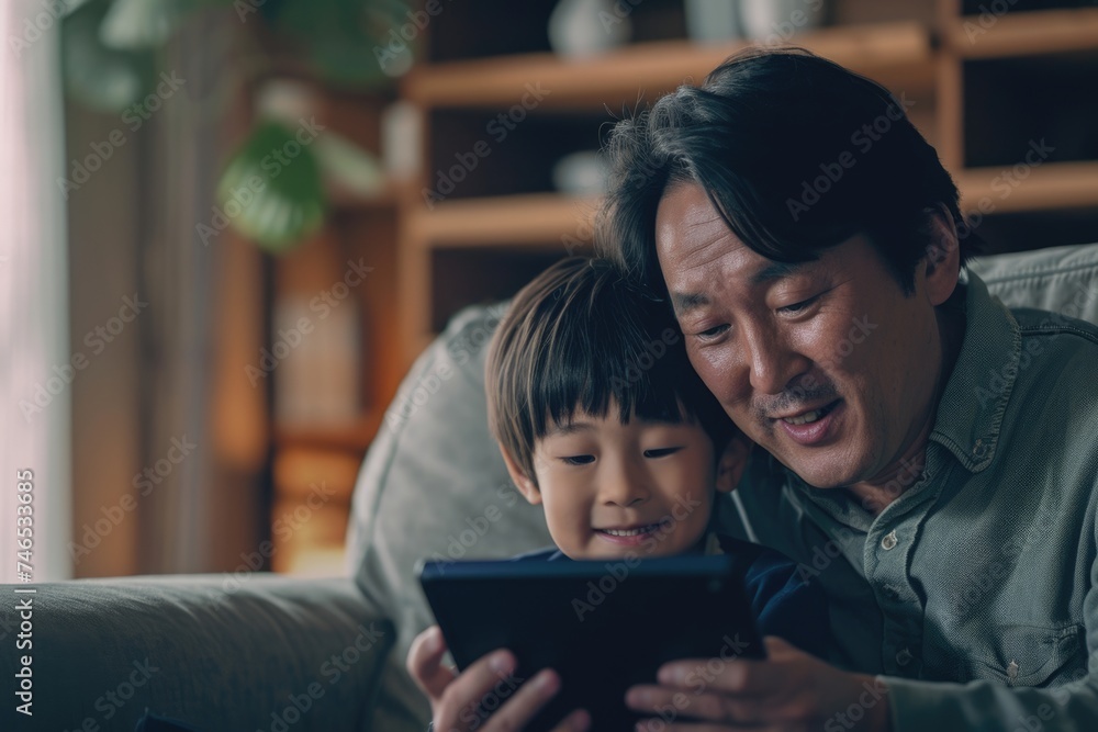 A Man and a Little Boy Bonding Over a Tablet. Fictional Character Created By Generated By Generated AI. A Man and a Little Boy Bonding Over a Tablet. Fictional Character Created By Generated By Generated AI.