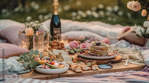 summer table in nature with snacks, wine and fresh flowers. Concept: catering for picnics and feasts, organizing weddings and outdoor events.