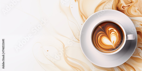 White cup with coffee on a light background, top view, copy space 