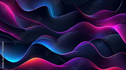 Generative AI image of a black background with a few neon colors waves, geometric waves shapes, dark blue, purple, black, mostly black