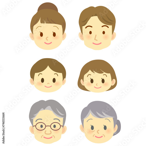 笑顔の表情6人家族/ポジティブなイメージ/顔だけのイラスト
