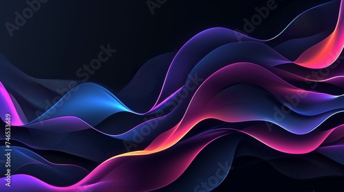 Generative AI image of a black background with a few neon colors waves, geometric waves shapes, dark blue, purple, black, mostly black photo
