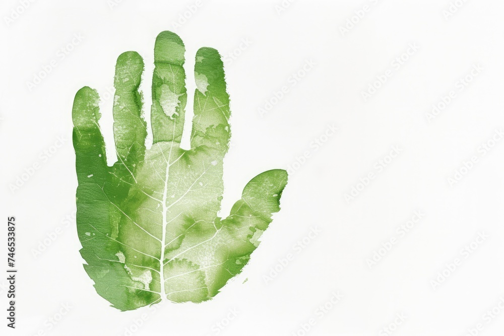 Generative AI, green ecology watercolor painted handprint with leaf veins, copy space, white background